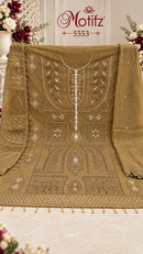 Motifz 5553 Gold Chiffon Suit With Embroidery Khatli Work Premium Unstitched Suit Collection
