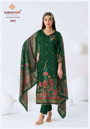Suryajyoti Kaara Cotton Vol 3 Jam Satin Print Fancy Work Suit